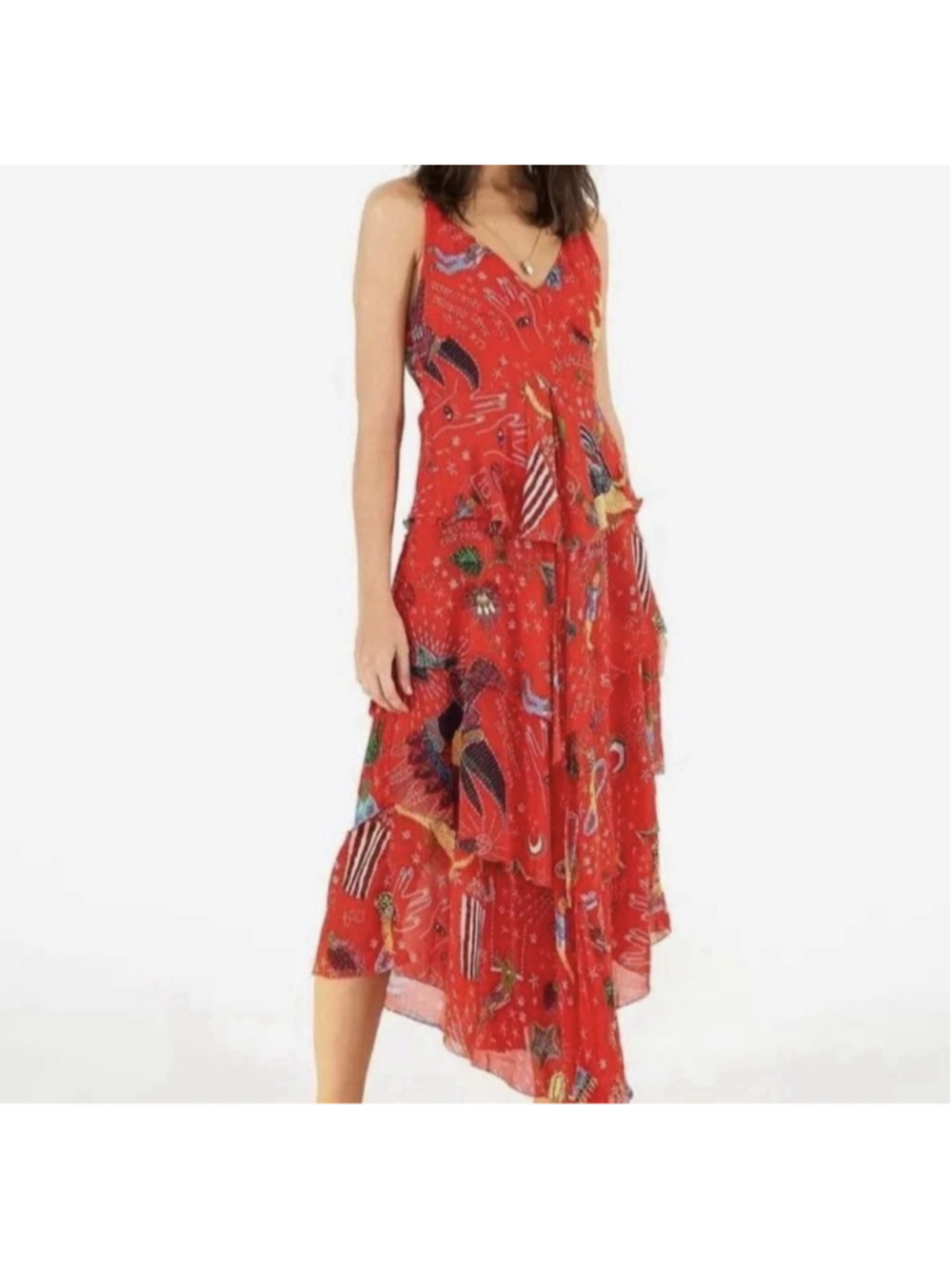 Farm Rio Small Carnival Midi Dress Asymmetrical Sleeveless Tropical Cruise EUC